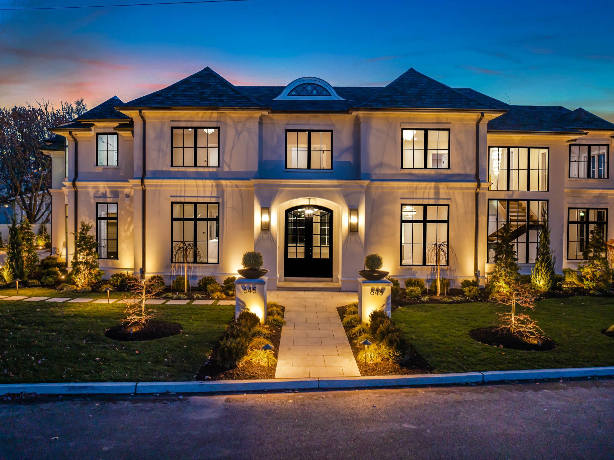 Luxury Bergen County estate at twilight